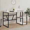 JESS desk with black metal frame and light wood tabletop, open side shelves