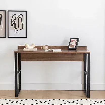 ADAM MDF desk, rectangular wood top with black metal frame and flat legs
