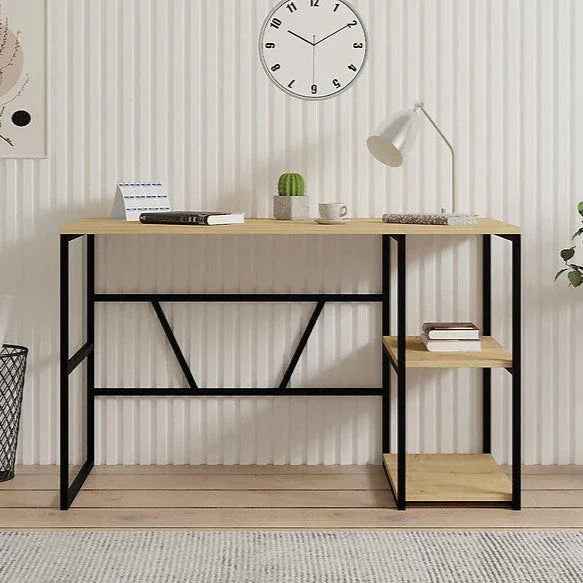 JESS desk, black metal frame with light wood tabletop and open lower shelf