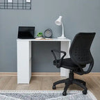 White MDF desk with flat tabletop and open storage cubbies on the sides