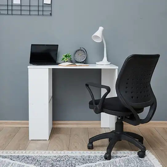 White MDF desk with flat tabletop and open storage cubbies on the sides