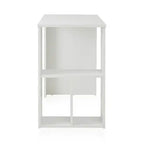 White MDF desk with open middle shelf and lower cubby storage, rectangular frame