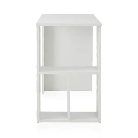 White MDF desk with open middle shelf and lower cubby storage, rectangular frame