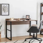 ADAM desk with MDF top, dark metal legs and wood finish; chair beside it