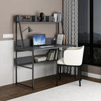 Desk with gray top and black metal frame, open shelves and side storage