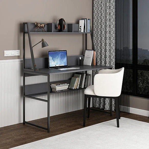 Desk with gray top and black metal frame, open shelves and side storage