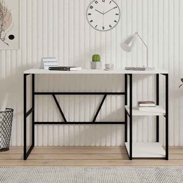 Front view of JESS desk: black metal frame, light MDF top, lower open shelf