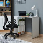 White MDF desk with multiple cubby shelves under the tabletop for office storage