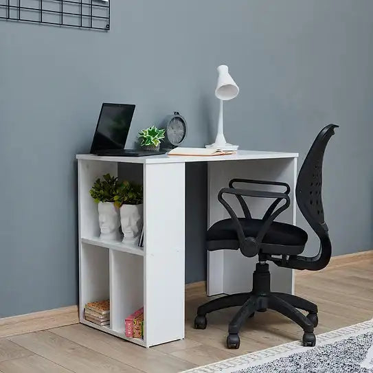 White MDF desk with open shelves and wide tabletop, 90x50x75 cm