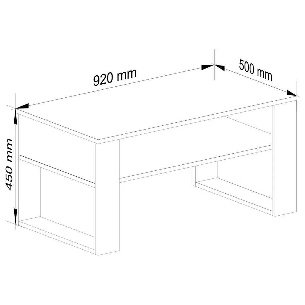 Coffee table dimensions: 920mm wide, 500mm deep, 450mm high (MDF)
