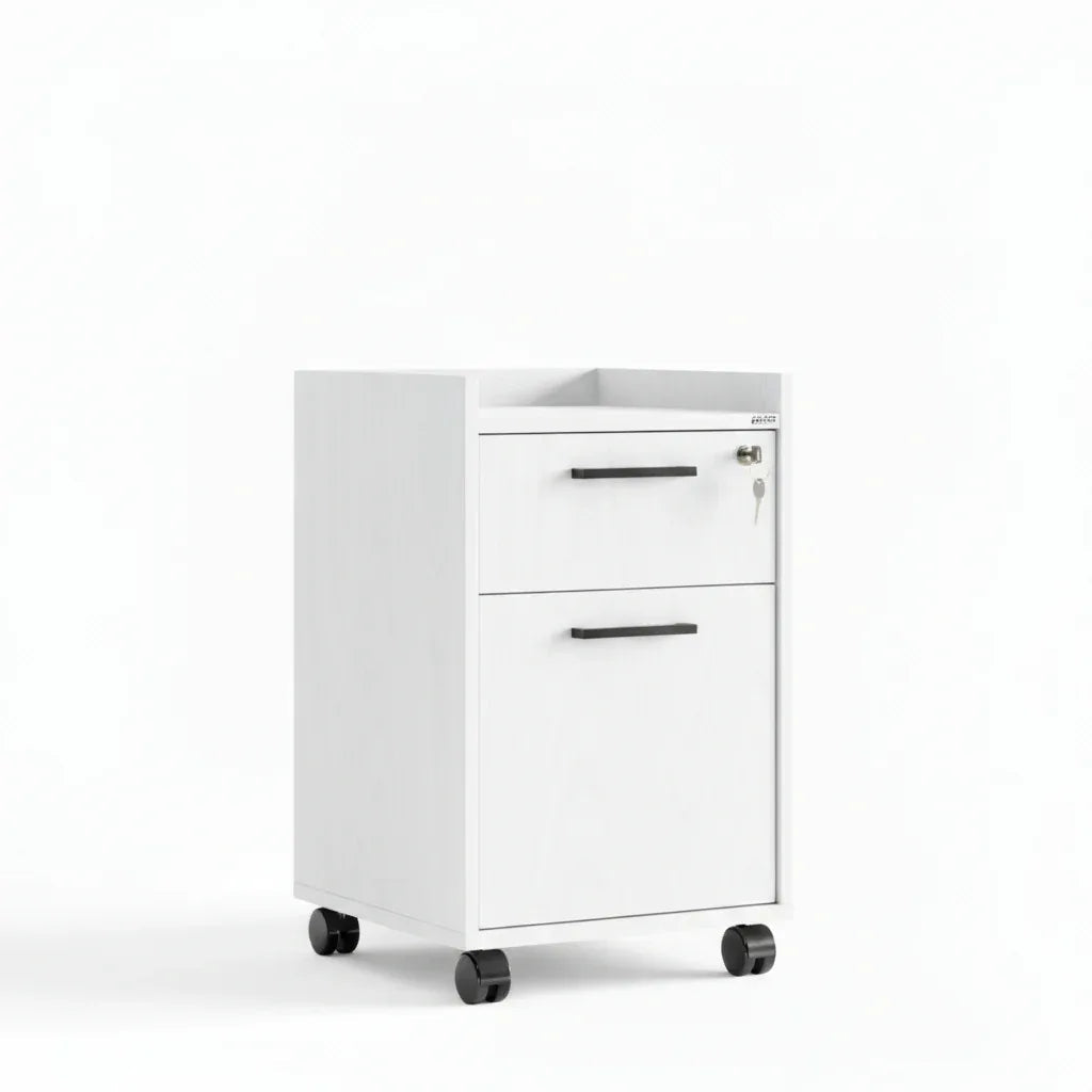 White 2-drawer cabinet drawer unit with black bar handles and rolling casters