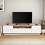 LIZZIE TV table, light wood top with white cabinet drawers and open center shelf