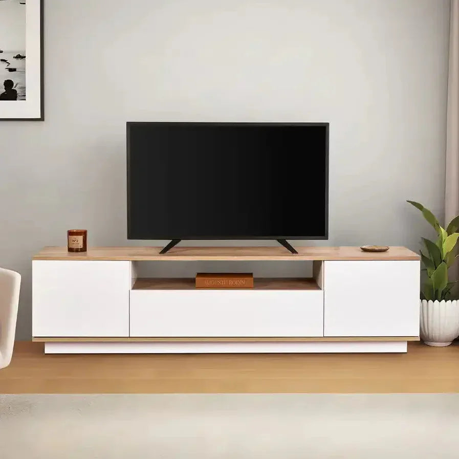 LIZZIE TV table, light wood top with white cabinet drawers and open center shelf