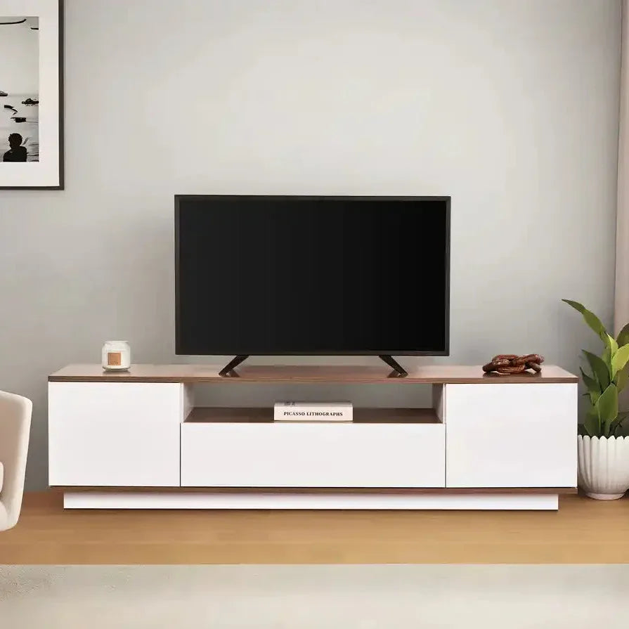 LIZZIE TV table, white MDF media console with central open shelf and two cabinet doors