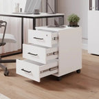 White MDF drawer unit on casters with 3 open drawers and black bar pulls
