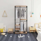 Metal clothing stand with wood shelves and hanging rail, storing shirts and pants