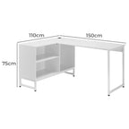 L-shape desk measurements: 110cm left, 150cm right, 75cm height; white desktop