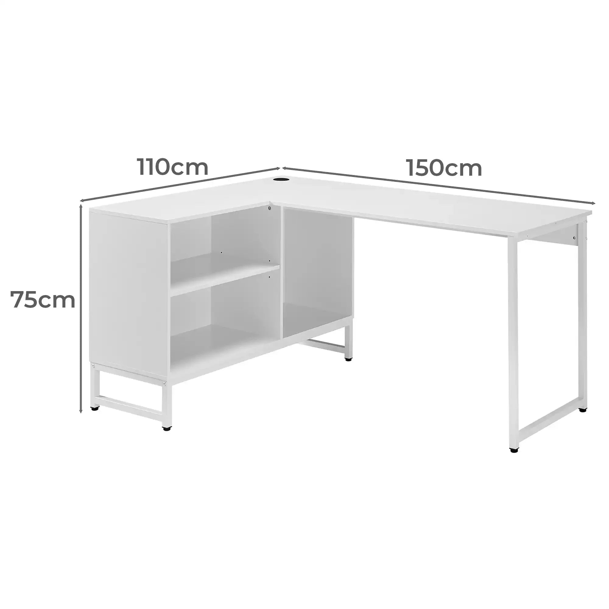 L-shape desk measurements: 110cm left, 150cm right, 75cm height; white desktop