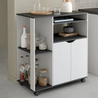 Coffee corner cabinet with dark top, open shelving, and two white doors on wheels