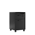 DORA drawer unit with two drawers, metal bar handles, lock, and caster wheels