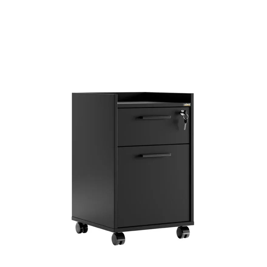 DORA drawer unit with two drawers, metal bar handles, lock, and caster wheels