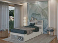 White MDF bed with built-in headboard shelves and open storage base, side view