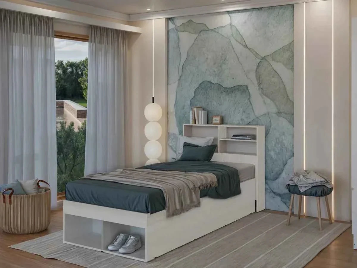 White MDF bed with built-in headboard shelves and open storage base, side view