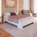 White MDF bed frame with upholstered headboard, pillows and duvet