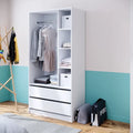 White MDF kids wardrobe with hanging rail, shelves, and two drawers, open compartments