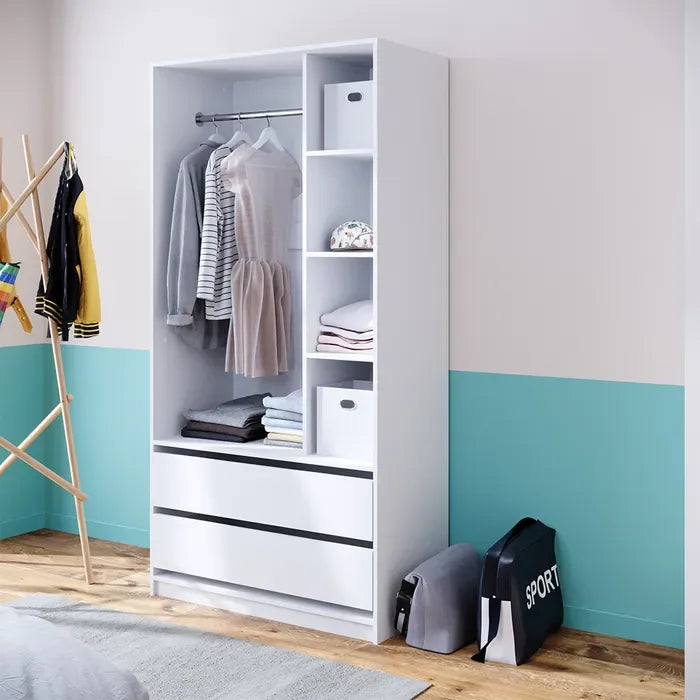 White MDF kids wardrobe with hanging rail, shelves, and two drawers, open compartments
