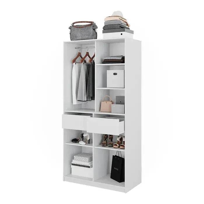 White MDF wardrobe with open shelves, hanging section, and drawers, 100x50x200cm