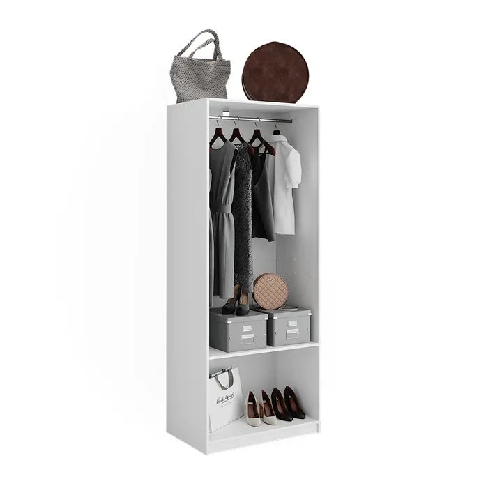 ELMO wardrobe in white MDF with hanging rail, drawers, and open shelves for storage