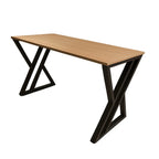 Straight desk, light wood tabletop with black metal crossed supports on end legs