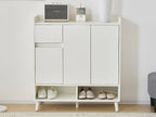 White MDF shoe cabinet with open bottom cubbies and front doors
