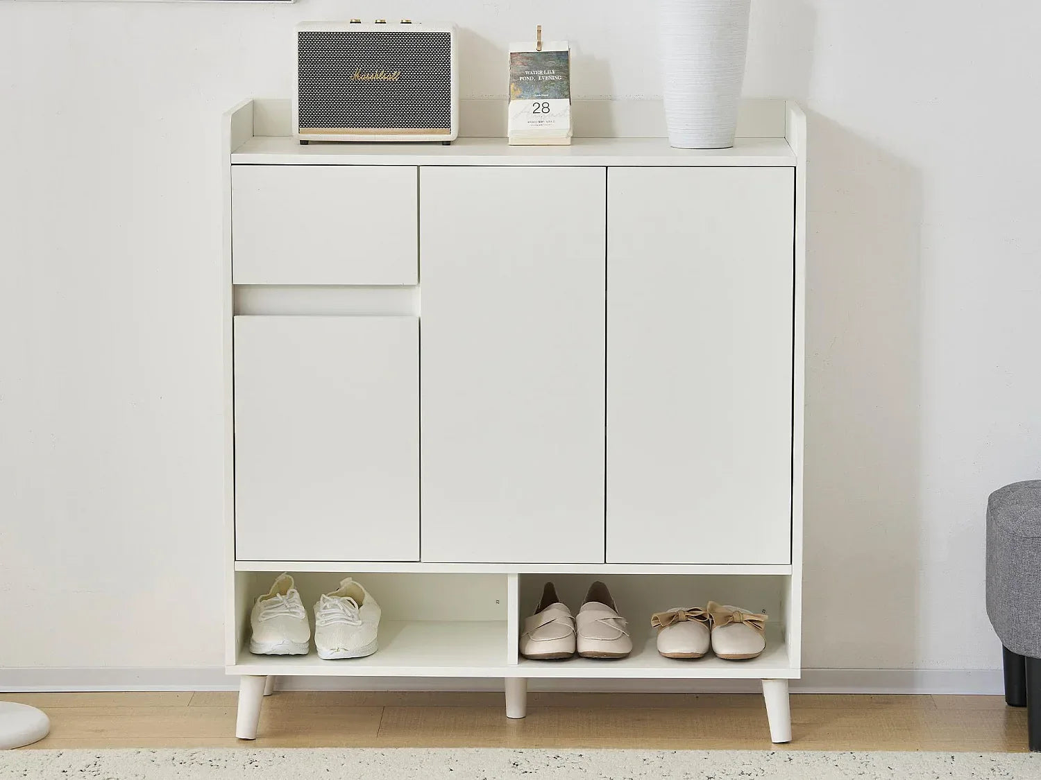 White MDF shoe cabinet with open bottom cubbies and front doors