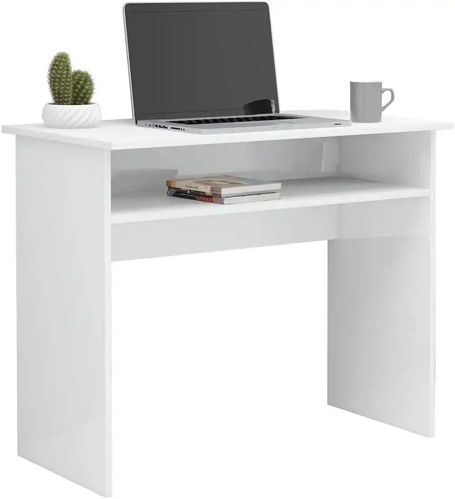 White MDF desk with center storage shelf; laptop and mug on tabletop.