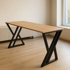 Rectangular straight desk with light wood MDF top and black metal X-frame legs