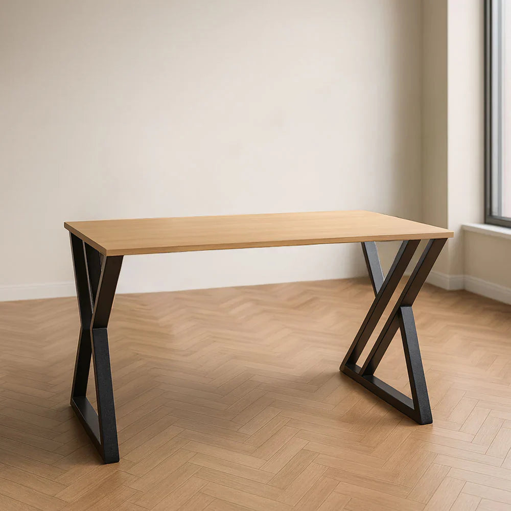 Straight desk with light wood MDF top and black metal frame, side view