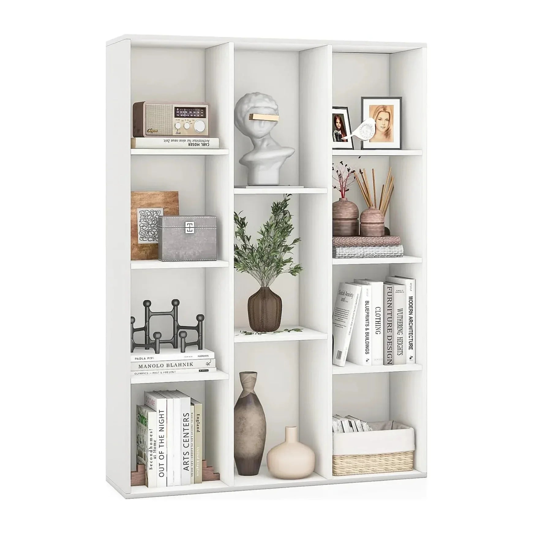 White MDF bookcase with 6 open compartments for books and decor