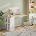 Light oak and white MDF desk with open side shelves and cubby storage