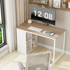 Light oak and white MDF desk with open shelves under the tabletop