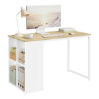 Light oak tabletop MDF desk in white frame with open lower storage shelves