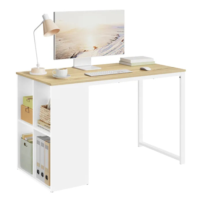 Light oak tabletop MDF desk in white frame with open lower storage shelves