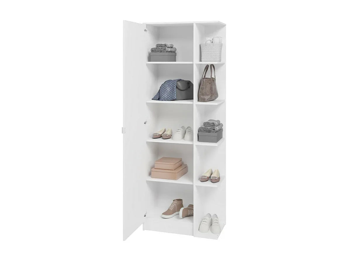 White shoe storage cabinet, tall with 2 doors and fixed open compartments