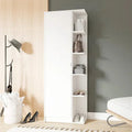 White MDF shoe cabinet with hinged doors and vertical open shelves, 70x35x182cm