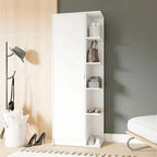 White MDF shoe cabinet with hinged doors and vertical open shelves, 70x35x182cm
