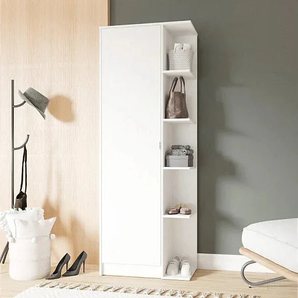 White MDF shoe cabinet with hinged doors and vertical open shelves, 70x35x182cm