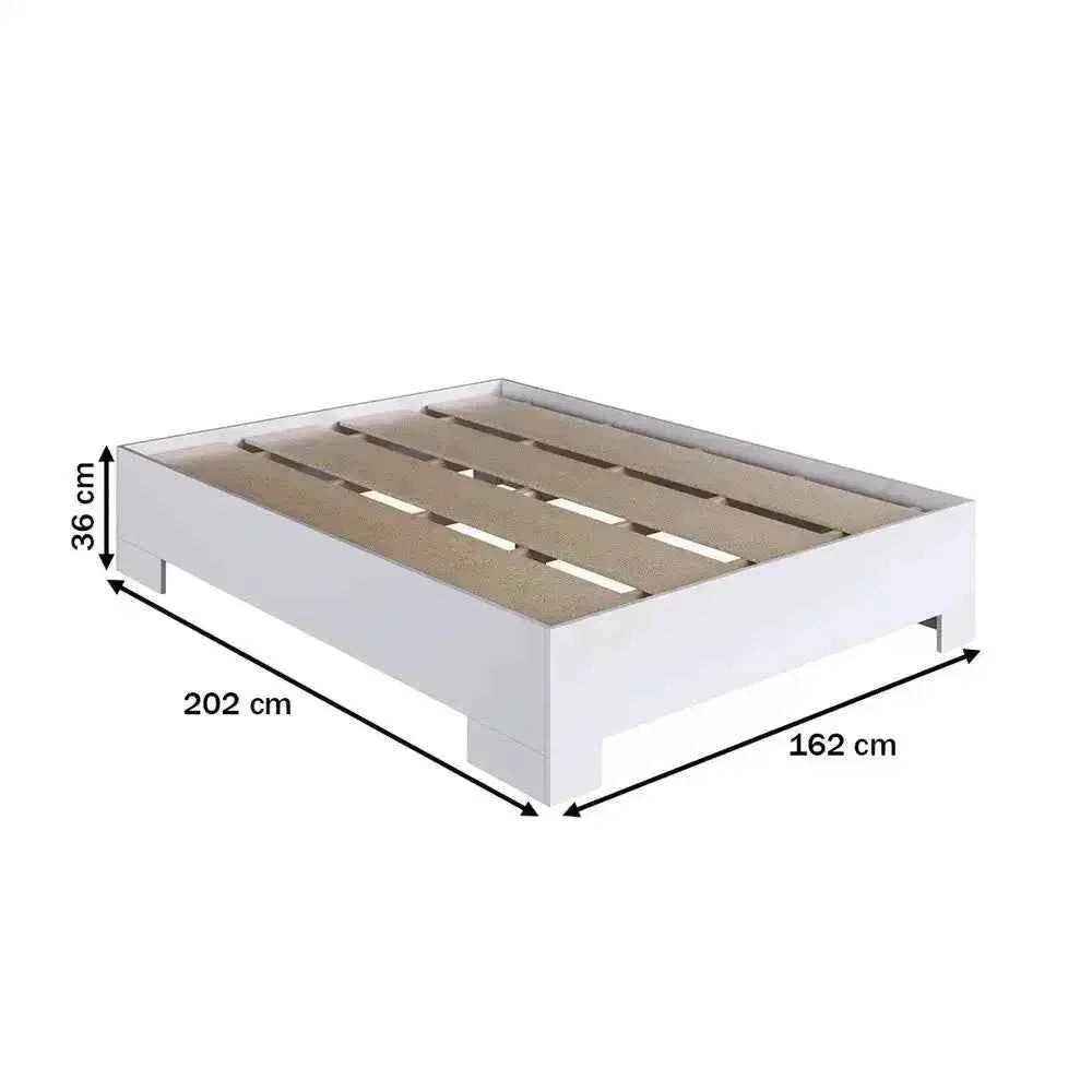 White MDF bed frame, 162x202x36cm, with wooden slat base