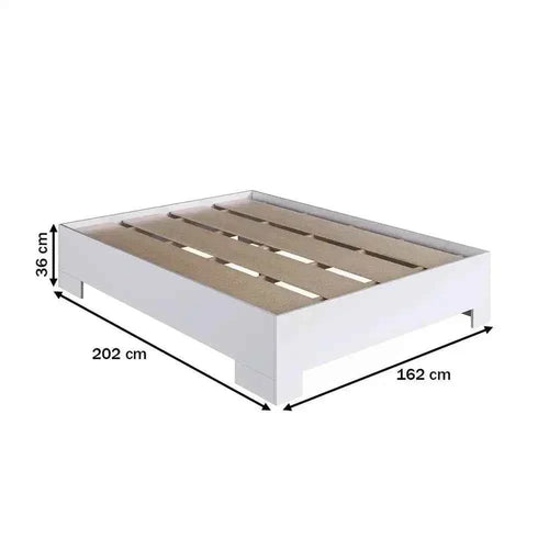 White MDF bed frame, 162x202x36cm, with wooden slat base