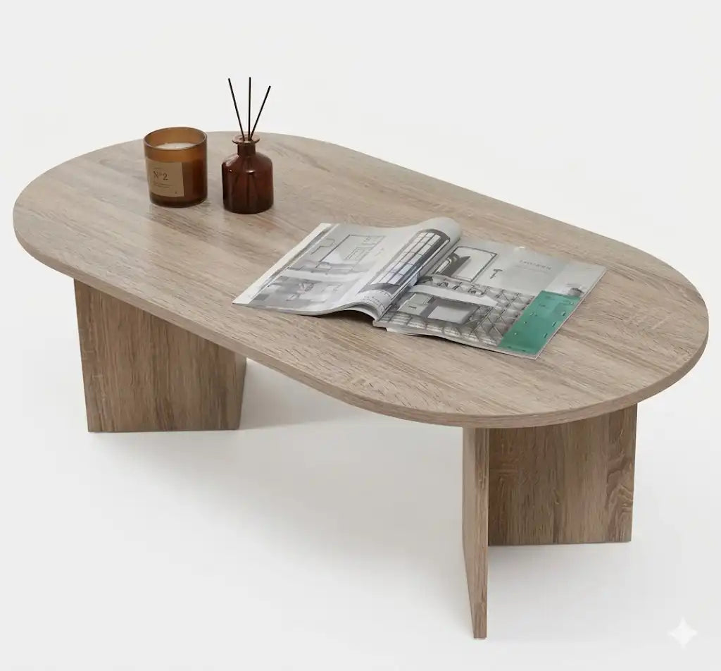 Light wood MDF coffee table with oval tabletop and tapered side supports